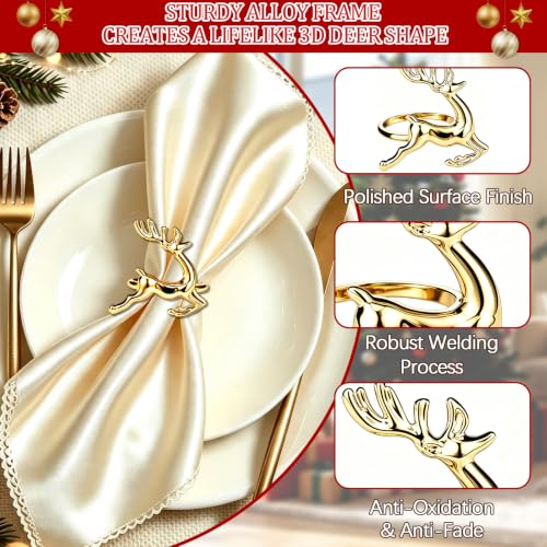 Image of Legigo Set of 6 Christmas Deer Napkin Rings Set- Gold Deer Xmas Napkin Ring Holders for Cloth Napkins, Christmas Holiday Party Dinner Table Decoration