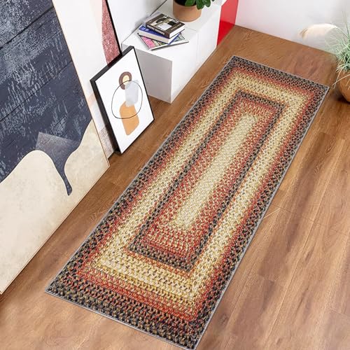 ROYHOME Braided Print Rug 2x8 Long Hallway Runner Washable Boho Accent Floor Carpet Modern Geometric Rustic Throw Rug for Living Room Bedroom Kitchen Nursery, Red