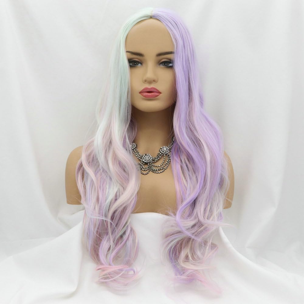 SERENEWIG Colorful Wigs Pastel Pink Purple Blue Green Blend Synthetic None-Lace Rainbow Wig Long Wave Glueless Heat Resistant Multi-color Machine Made Cosplay Halloween Wigs - Image 2