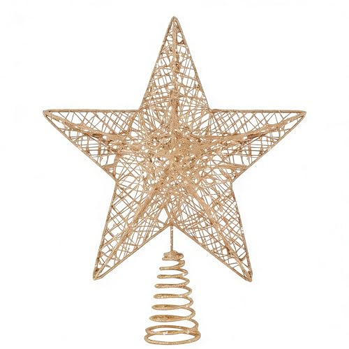 Christmas Tree Topper Star, Lighted Metal Iron Star with Soft& Glitter, Xmas Tree Topper for Christmas Decor and Home Decoration (Champagne, 15cm)