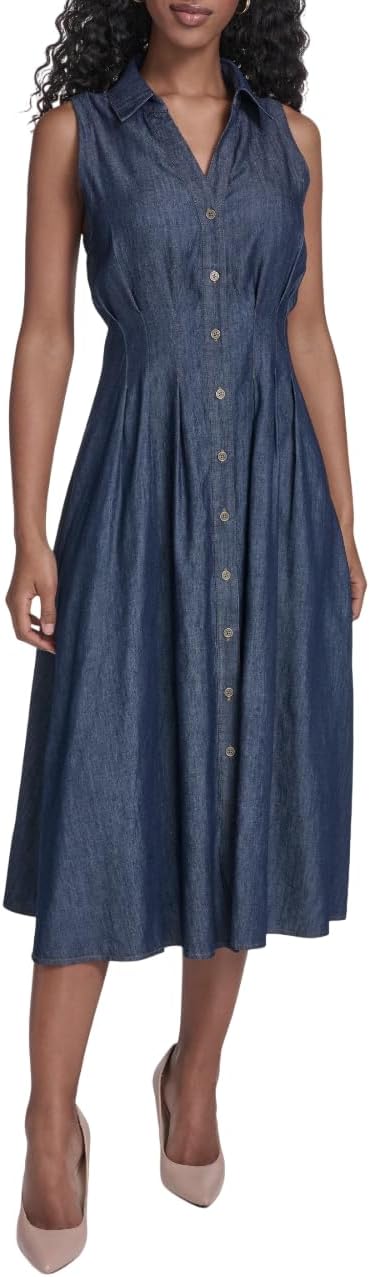 Tommy Hilfiger Women's Sleeveless Collared Neck Chambray Button Down Fit & Flare Shirt Dress
