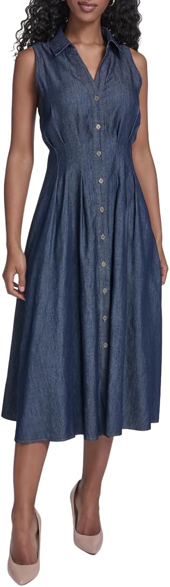 Tommy Hilfiger Womens Sleeveless Collared Neck Chambray Button Down Fit & Flare Shirt Dress