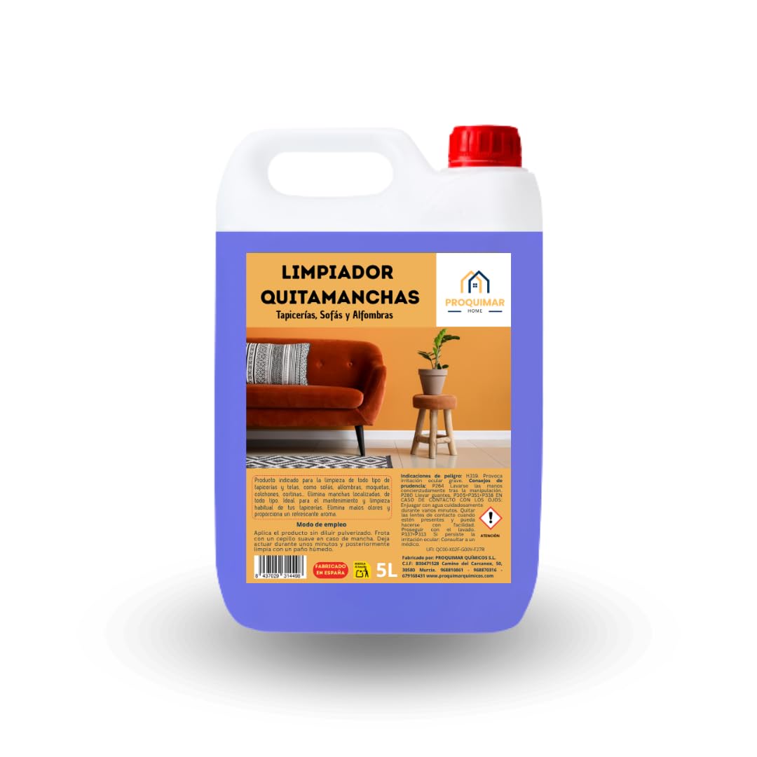 Limpiador Quitamanchas para Tapicerías, Alfombras y Telas | Elimina Manchas Difíciles | Acaba con malos olores (5 Litros)
