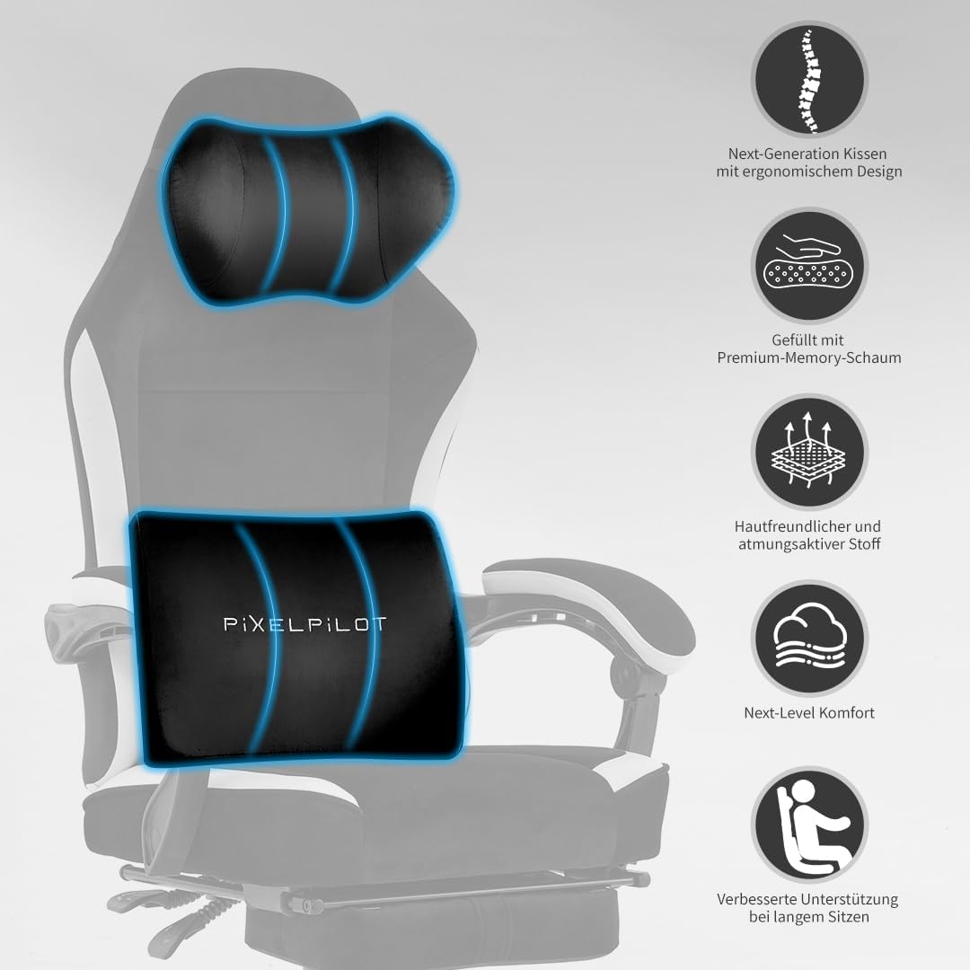 PixelPilot Silla de gaming con reposapiés, silla ergonómica para gaming, de tela transpirable, asiento ancho, soporte lumbar, soporta hasta 150 kg, color negro