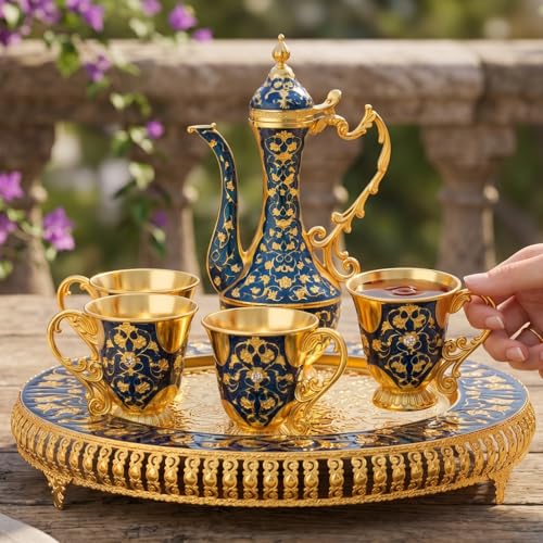 Vintage Extra Large Turkish Coffee & Tea Pot Set for 6 by Gute with Large Crystal Tray & Teapot Gold with Shiny Crystal (Blue) 480ml - 6 Vintage Moroccan Tea Glasses 230ml Teacups Gold by GUTE - Image 3