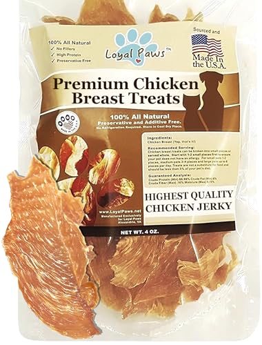 Loyal Paws Chicken Jerky Dog Treats – Single Ingredient, Made in USA, Human Grade, Grain Free, All Natural Protein Chews – Healthy Pet Snacks & Training Strips for Small, Medium & Large Dogs, 4oz Bag