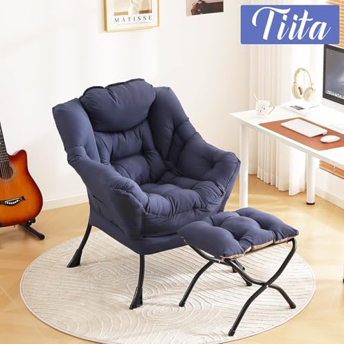 Image of Tiita Modern Large Accent Chair with Ottoman, Navy, Comfy Leisure Sofa Armchair with Ottoman, Reading Chair with Footrest for Bedroom, Living Room, Dorm Rooms