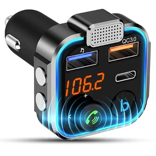 Transmisor FM Bluetooth Coche, Manos Libres Coche Bluetooth, Cargador Coche USB C Carga Rápida, Adaptador Bluetooth Coche Mechero, Transmisor Receptor Bluetooth, Conector Bluetooth Coche