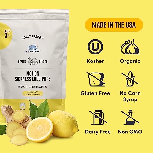 Mommabear All-Natural Motion Sickness And Travel Sickness Soothing Lollipops | Calming And Delicious Ginger Lollipops With Lemon Flavors For Adults, Pregnant Women & Kids 3+ | 10 Count Pack #TOP1