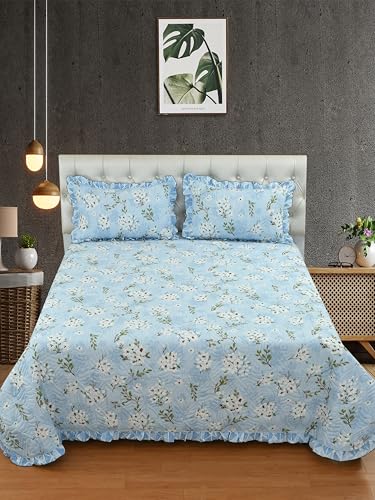 Image of Morado Ultrasonic Quilted Bedsheet for Double Bed (90x100 Inches) with 2 Pillow Covers | Floral Glace Cotton Bedcover 3 Pcs Set with Frill & Lace | 280 TC, All-Season Use | Blue Jasmine