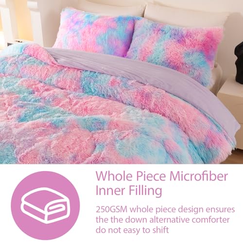 Image of King Size Fluffy Bedding Set Pink Purple Faux Fur Plush Comforter Set Rainbow Tie Dye Furry Warm Bed Quilt Set, 3 Pieces (Pink Purple, King)