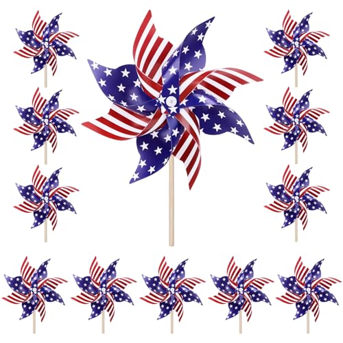 12 Pack 4th of July Decorations Outdoor Pinwheels, Patriotic Decor Red White and Blue Decorations Wind Spinner for Yard Garden,Independence Day, Memorial Day, Veteran's Day