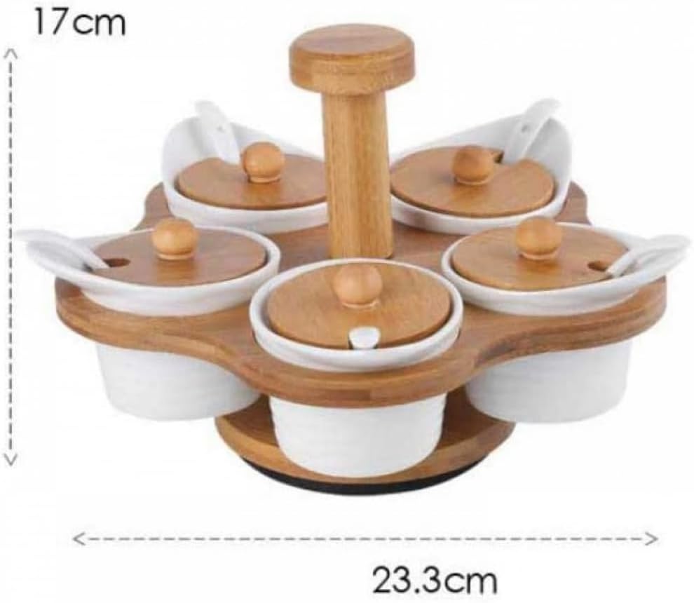 5 in 1 Ceramic Condiment Jar Set, Seasoning Box Condiment Pots, Spice Jars Container for Sugar/Salt/Pepper with Lids Tray for Kitchen