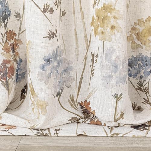 Image of MYSKY HOME Floral Linen Curtains 84 inch Length 2 Panels Set Summer Flower Patterned Semi Sheer Light Filtering Privacy Farmhouse Grommet Drapes for Living /Dining Room, Yellow, W52 x L84, Pack-2
