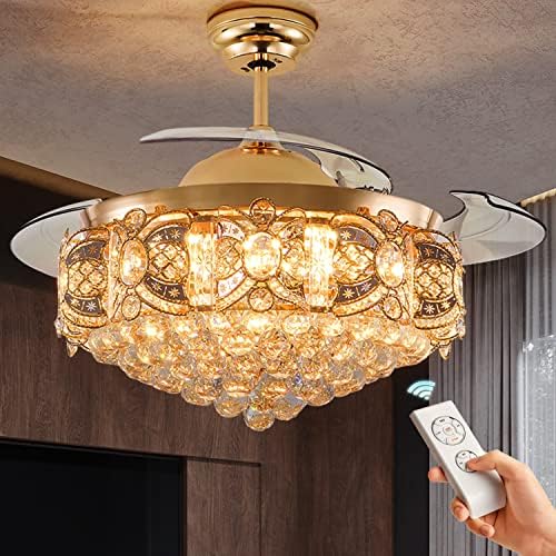 42" Gold Crystal Chandelier Ceiling Fan With LED Lights & Remote - 3-Color Change (3500K-6000K), 36W