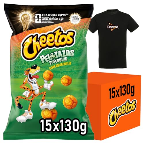 CHEETOS Pelotazos Snack de Maíz Sabor Queso para Fiestas y Eventos, Bolsas Individuales de 130 g, Pack de 15, Incluye Camiseta de Regalo