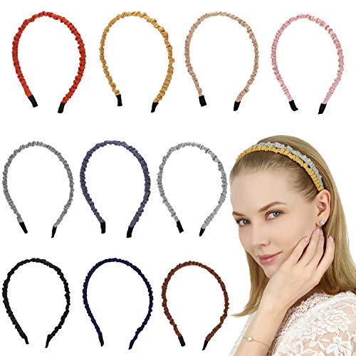 Folora 10pcs Thin Fashion Colourful Linen Pleated Headband DIY Headbands for Women Girls, 10 colors