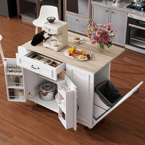 Sapgaks Desserte îlot de Cuisine sur roulettes avec USB, Meuble de Cuisine avec Plans de Travail Rabattable et Compartiment Poubelle, 1 Tiroirs, Porte-torchons, 2...