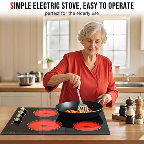 Image of Karinear 24 Inch Electric Cooktop 4 Burners Electric Stove, Knob Control | 6000W High Power Radiant Ceramic Cooktop, Built-in Design, 220-240V Hardwire, No Plug, Overheat Protection(Gold Knob)