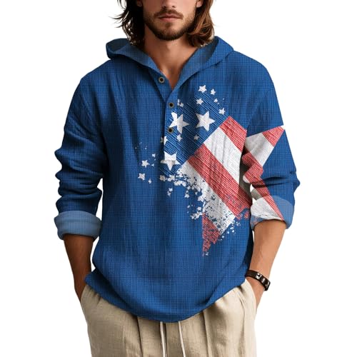 Mens Graphic Henley Hoodies Button Down Camo USA Flag Hooded Sweatshirt Oversized Hoodie Long Sleeve Tie-dye Shirts