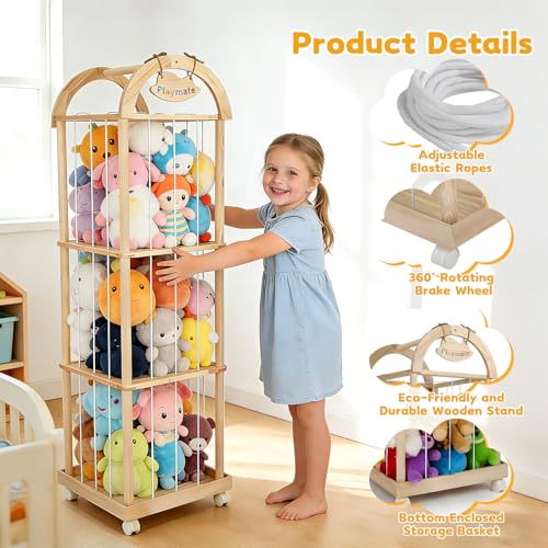 VIHBRAI Holz Kuscheltier Aufbewahrung, Stofftier Aufbewahrung mit 360°Bremse-Ausgestattete Räder, 150 * 40 * 40cm Plüschtier Spielzeug Organizer für Kinderzimmer, Wohnzimmer und Schlafzimmer