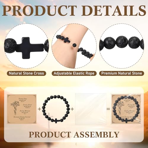 Highergo 12 Sets Christian Cross Beaded Bracelets for Men Women Natural Stone Bead Religious Inspirational Bracelet Pastor Church Gift4