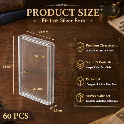 Image of Geiserailie 60 Pcs 1 oz Silver Bar Holder Case, Clear Acrylic Silver and Gold Bar Holder Capsule Storage Container Box for 1 Ounce