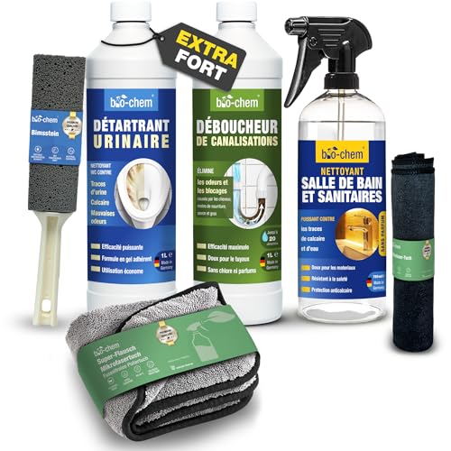 Bio-Chem - Nettoyants pour salle de bain avec accessoires - Déboucheur de canalisation 1L - Décapant urine et calcaire 1L - Produit surfaces de salle de bain 750ml - Profi Set 6 produits