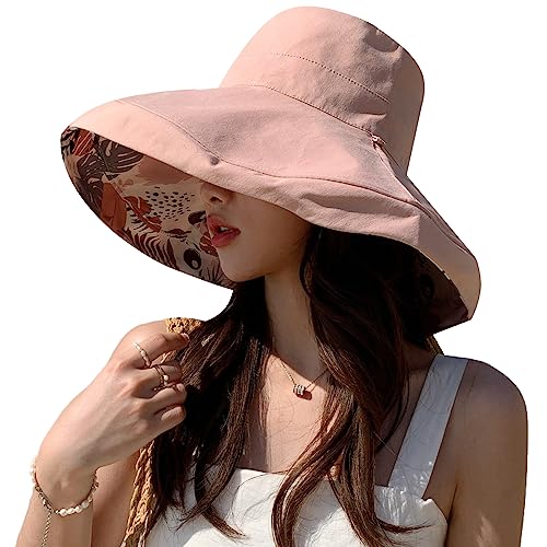 Image of HUAMULAN Women Sun Hat Summer Bucket Beach Boonie Cotton Cap Wide Brim UPF 50
