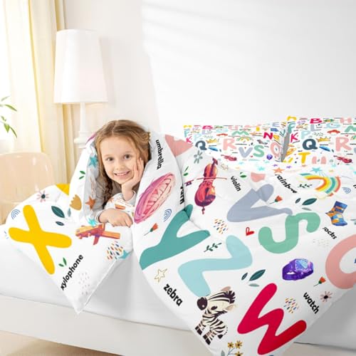 Image of Feelyou Cartoon Alphabet Comforter Set Twin, ABC Alphabet Bedding Set for Kids Cute Educational Alphabet Comforter Learning Educational Duvet Set 2Pcs