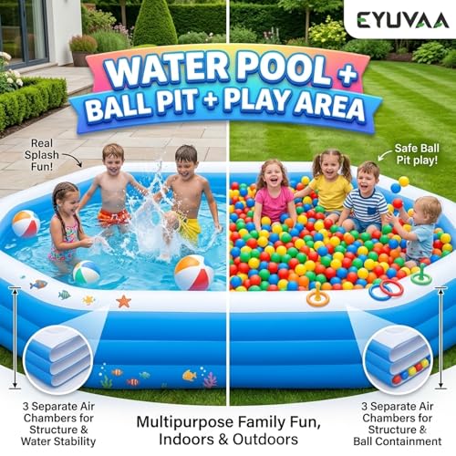Image of EYUVAA LABEL Rectangular Inflatable Pool for Kids & Toddlers Extra-Large 8.5 Feet 3 Air Chamber Pool Backyard Water Play Summer Fun Durable Child-Safe PVC Quick Inflate & Portable Outdoor Pool