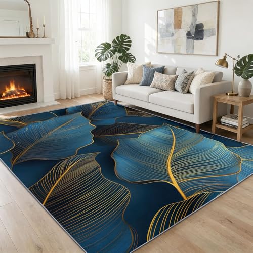 Tapis salon doux antidérapant lavable impression 3D feuilles bleues 140x200cm moderne