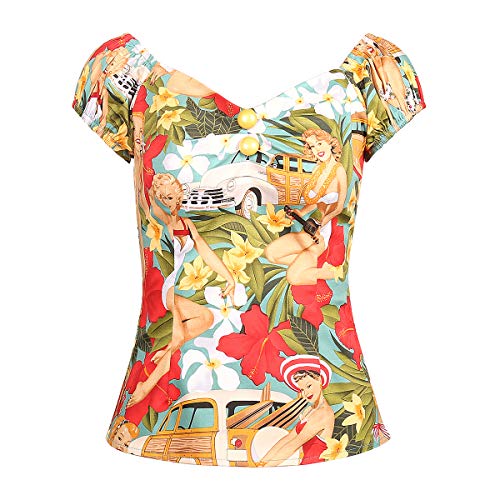 Image of YARN & INK Women's Rockabilly Tops 1950s Pinup Shirt Casual Off Shoulder Vintage Blouse