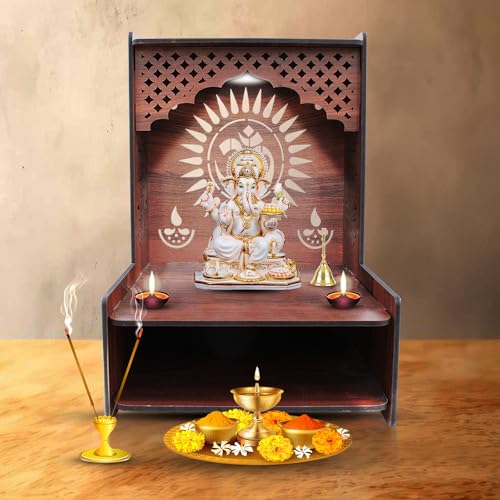 Image of Olive Tree Ethnic Wooden Pooja Mandir for Home Handcrafted Puja Stand | Wall Mounted with LED Spot Light | Mandapam, Pooja Ghar, Temple Office Decor - Walnut Size 12X12X16 Inch 1001