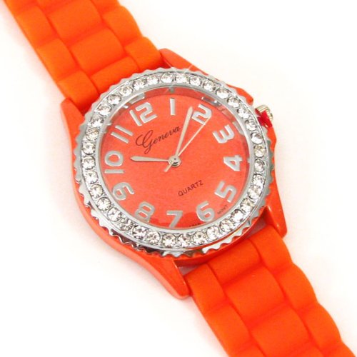 Orange Silicone Gel Ceramic Style Band Crystal Bezel Watch