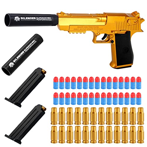 TOTOY Pistolet de simulation d'aigle du désert avec silencieux, pistolet pour enfant avec 2 magazines et 30 boules, jeu amusant en plein air (doré) Cover