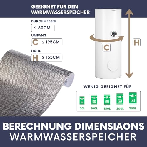 Thermische Isolierung für Warmwasserspeicher bis 300L – Reduziert Wärmeverluste und erhöht Energieeffizienz – Mit doppelseitigem Klebeband und Aluminiumfolie