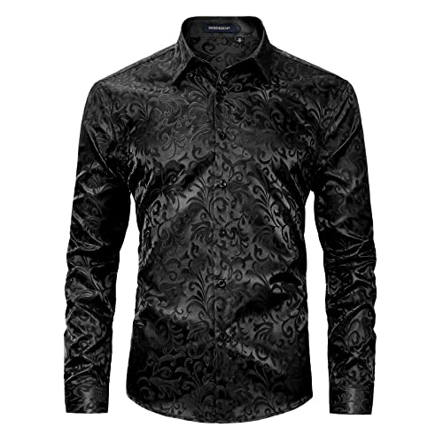 HISDERN Schwarz Herren Paisley Hemd Langarm Satin Blumen Muster Hemd für...