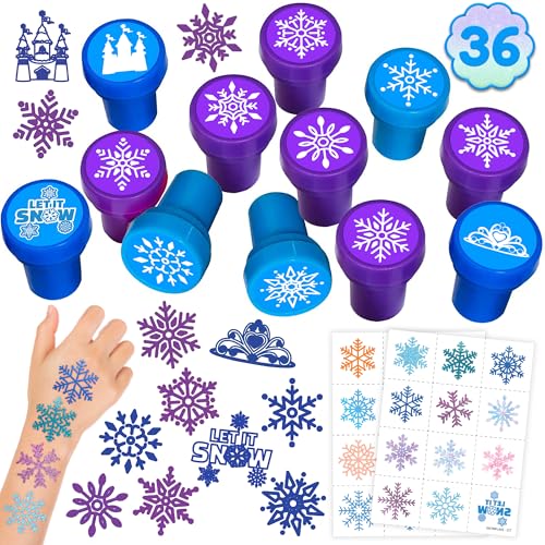 Image of 36PCS Snowflake Party Favors - 24PCS Temporary Tattoos & 12PCS Stamps - Ideal Winter Themed Birthday Card Decorations Supplies Goodie Bag Cute Rewards for Boys Girls Classroom Gifts Baby Shower Prizes