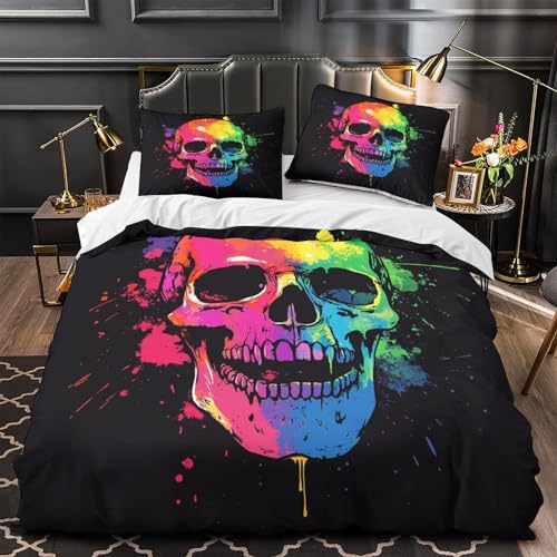 Housse de couette crâne avec éclaboussures colorées en impression 3D dynamique pour lit double - 2