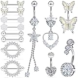 Pexveiuu Nipple Rings Belly Button Rings for Women 14G Silver Butterfly Heart Flower Stainless...
