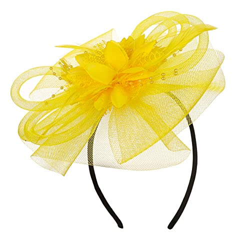 Girls Fascinators Hat Cocktail Tea Party Hair Clip Veil Headband Wedding Bridal Flower Hat Headwear Vintage Headpiece Yellow #TOP2
