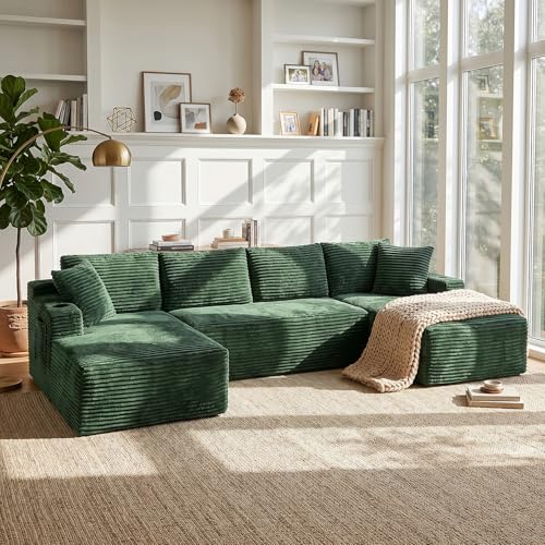 Image of Boneless Couch, 127 inch Sofas for Living Room, U Shaped Couch with Chaise | Sectional Sofa, Cloud Couch Sectional with Cup Holders and Storage, Cloud Sofa with Deep Seat, Green, Corduroy, No Assembly