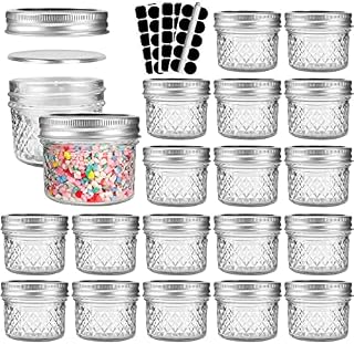 4 oz Quilted Crystal Glass Jars with Metal Lids,20 Pack 100ml Diamond Regular Mouth Mason Jars, Round Canning Jars Jelly Jars for Food Storage, Wedding Party Favors, Labels & 1 Pen Included