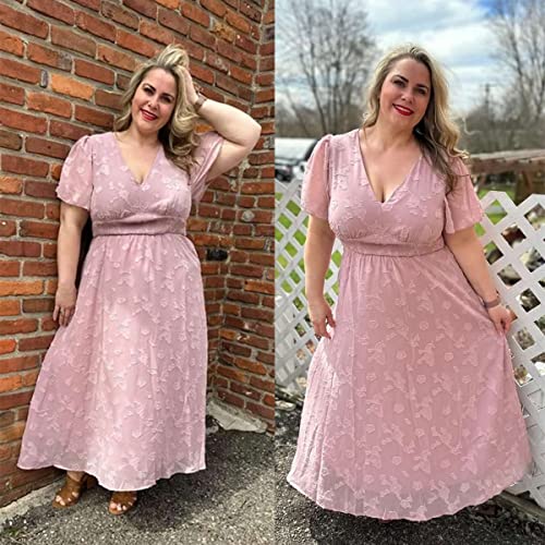 Image of Simplee Women's Plus Size Wedding Guest Dress Short Sleeve Flowy Fall Floral Maxi Dress Boho Maternity Dress for Photoshoot (2XL Pink)