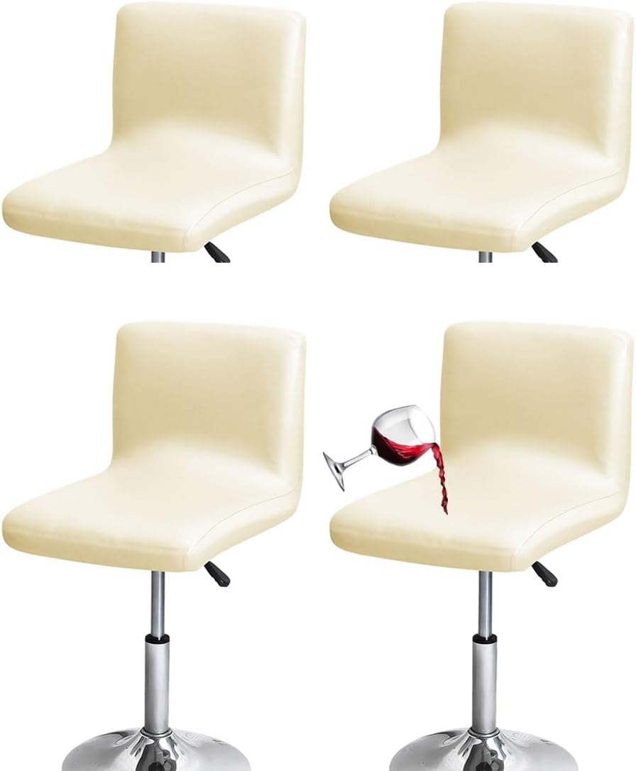 Waterproof PU Bar Stool Covers, Set of 4, Beige, Stretchable, Easy Installation, Protects from Stains & Scratches, One-Size-Fits-Most, Kitchen/Bar Stool Covers