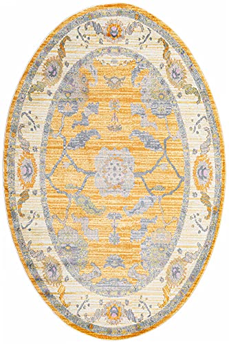 Rugs.com Paragon Collection Rug – 5' x 8' Oval Yellow Medium-Pile Rug Perfect for Living Rooms, Large Dining Rooms, Open Floorplans