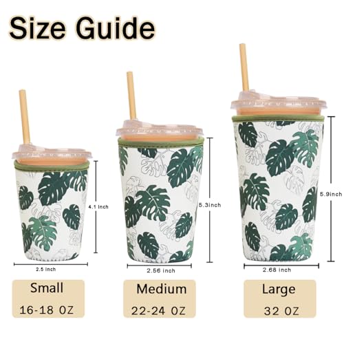 Image of Reusable Insulated Sleeve for Iced Coffee Cup, 3-Pack Coffee Neoprene Drink Sleeve for Cold & Hot Drinks, Beverage Holder for Iced Coffee (Gentle Monstera)
