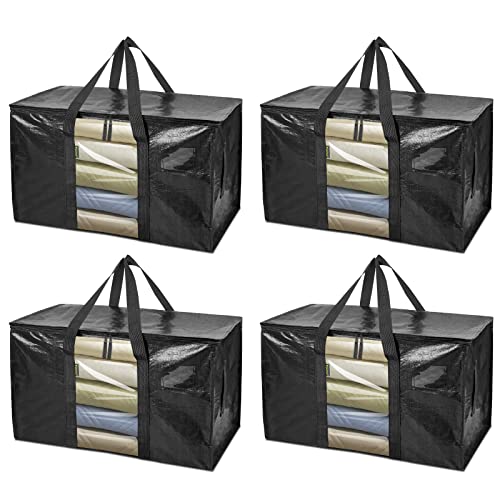 Image of BALEINE 4-Pack Oversized Moving Bags with Reinforced Handles, Heavy-Duty Storage Tote Moving Supplies for Packaging, Camping (Black w /Window, 4-Pack)