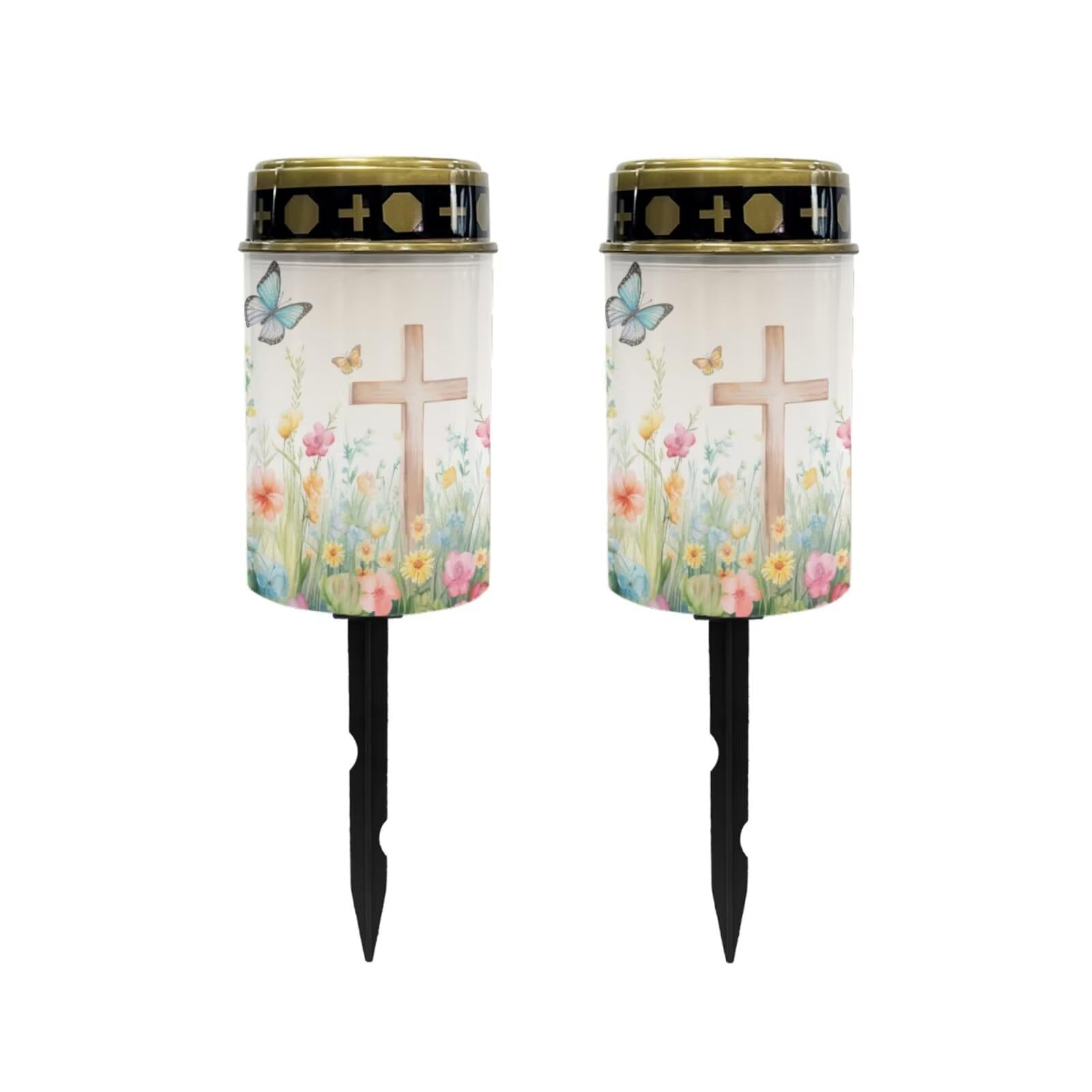 Poceacles Cross Solar Powered Cemetery Solar Candle, Memorial Floral Cross Butterfly, 2 Pack Waterproof Landscape Lights for Yard, Patio, Lawn, Home Decor